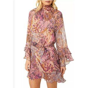 New Misa Saint Paisley Mini Dress Womens L Semi Sheer Chiffon LS Augusta Batik